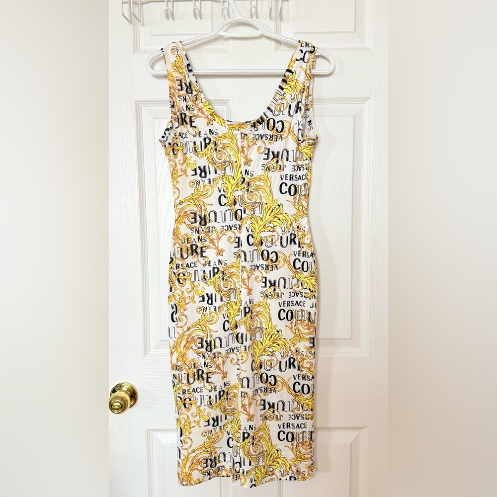 Versace Jeans Couture Gold and White Printed Midi Dress